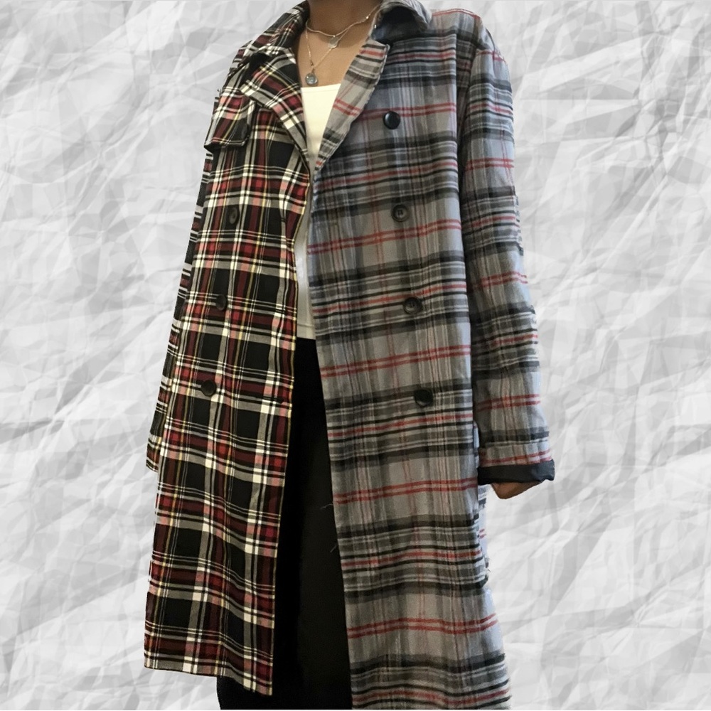 Oversized mixed plaid trench